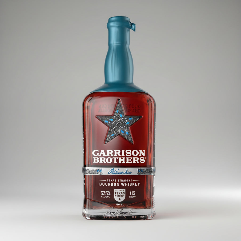 Bottle of Garrison Brothers Texas Straight Bourbon Whiskey with a blue star label.