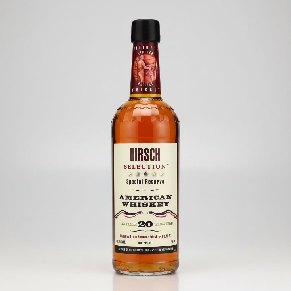 Bottle of Hirsch Selection Special Reserve American Whiskey on a white background