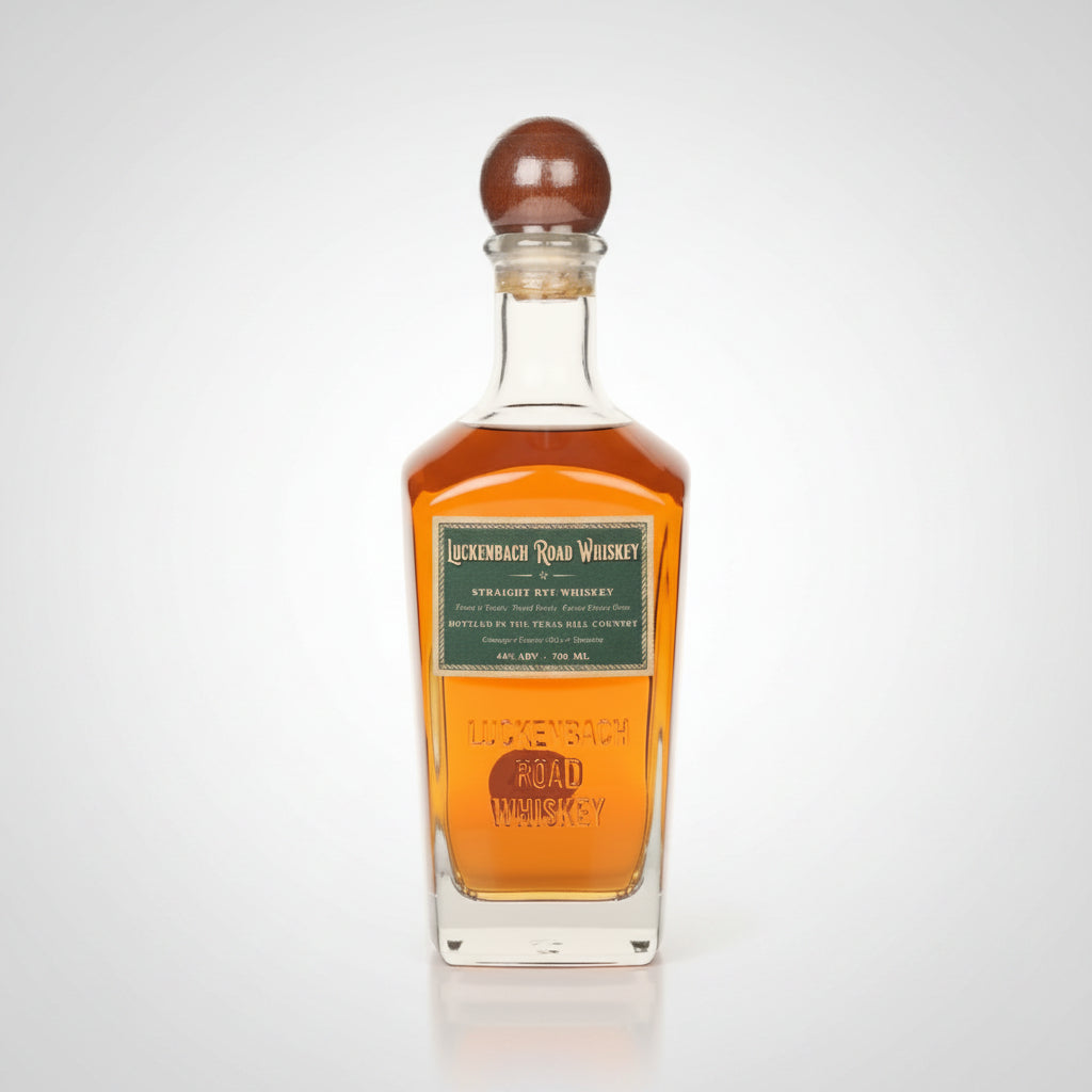 A bottle of Luckenbach Rye Road Whiskey with amber liquid, a green label, and a brown wooden stopper, shown on a white background.