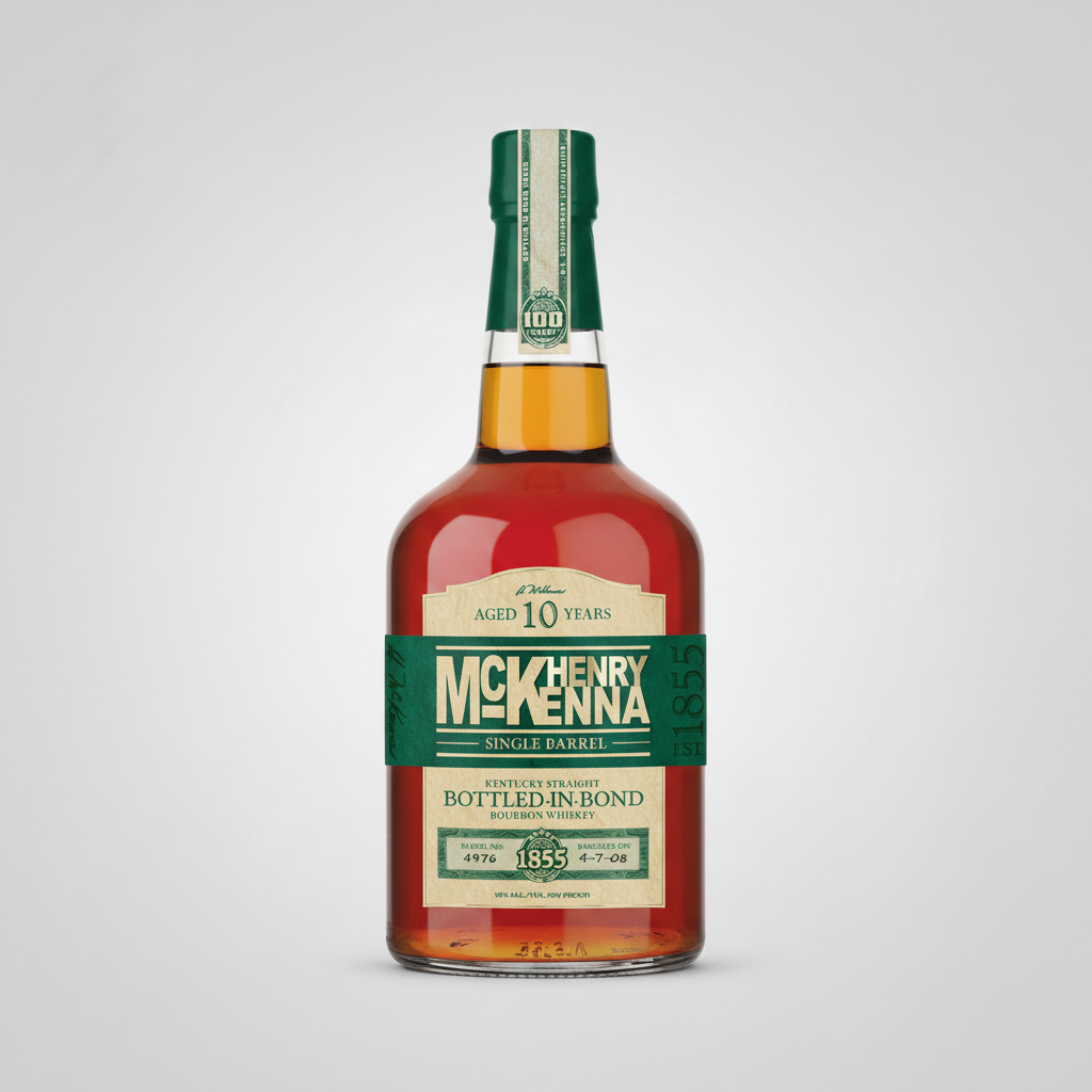A bottle of Henry McKenna 10 Year Old Bourbon Whiskey on a plain white background. The bottle features a dark green neck label and a cream-colored main label with bold green and gold lettering, showcasing the amber-colored whiskey inside.