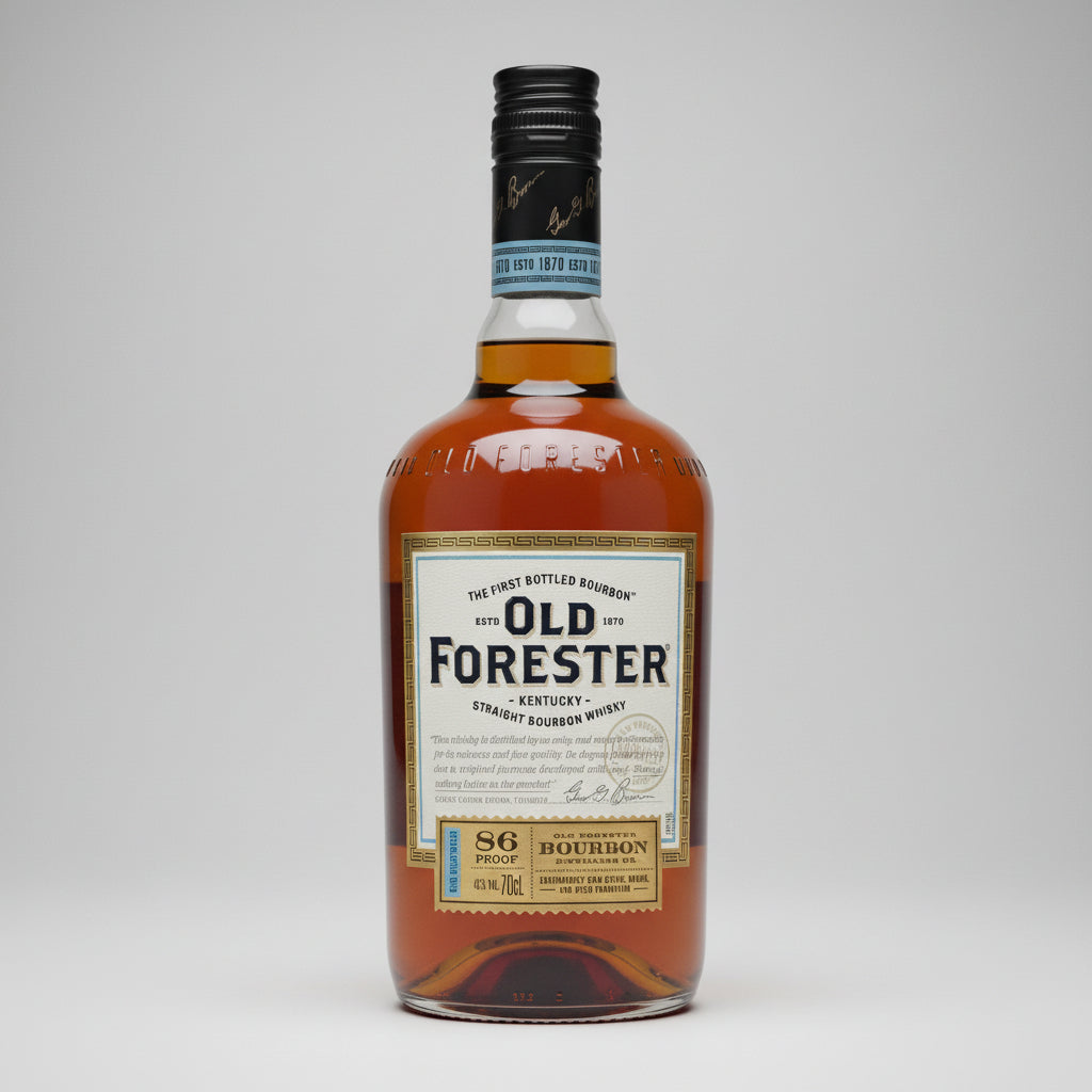 A bottle of Old Forester 86 Proof Straight Bourbon Whiskey, showing the amber liquid, black neck seal, and white and gold label against a white background.