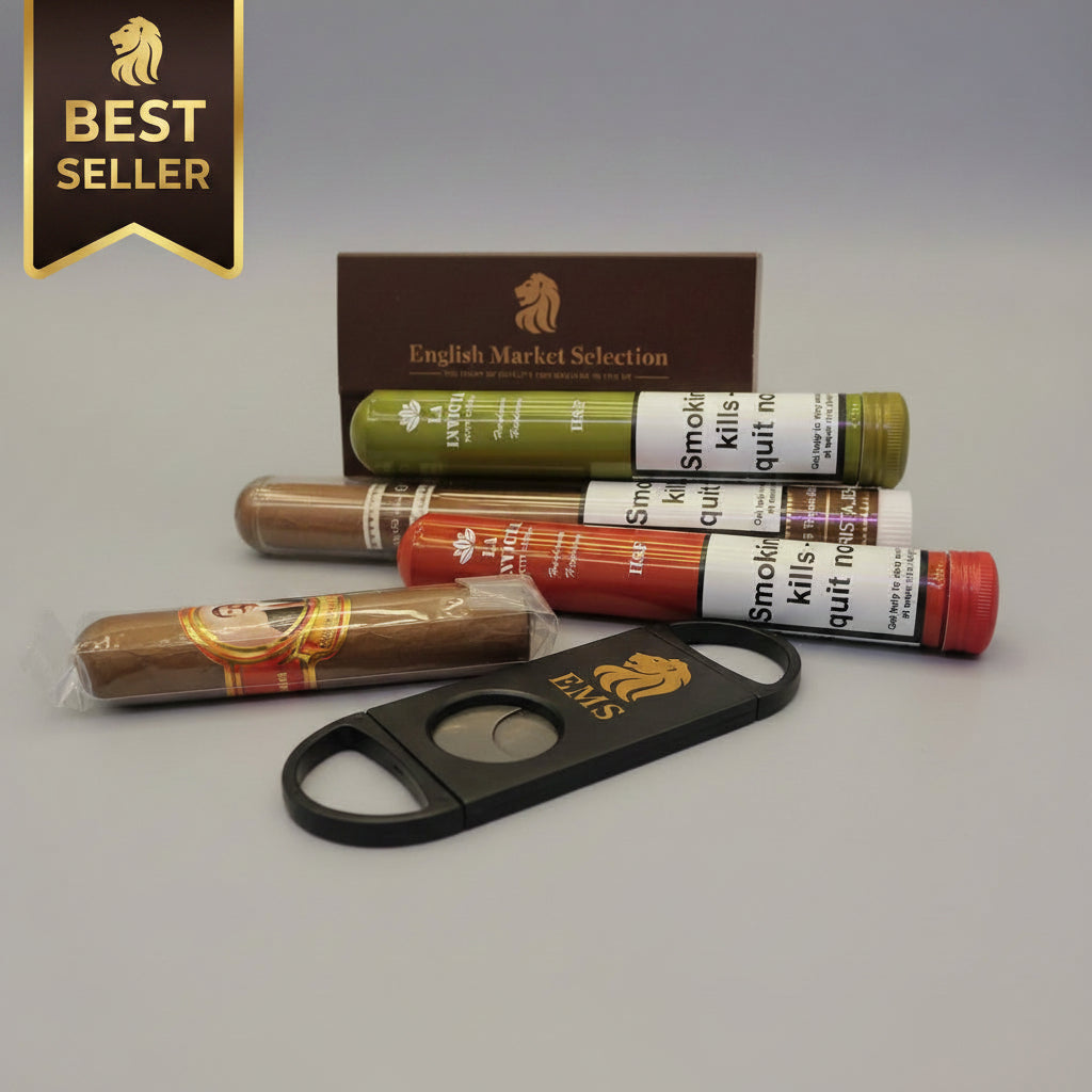 Cigars and a cutter on a wooden surface with 'English Market Selection' branding.