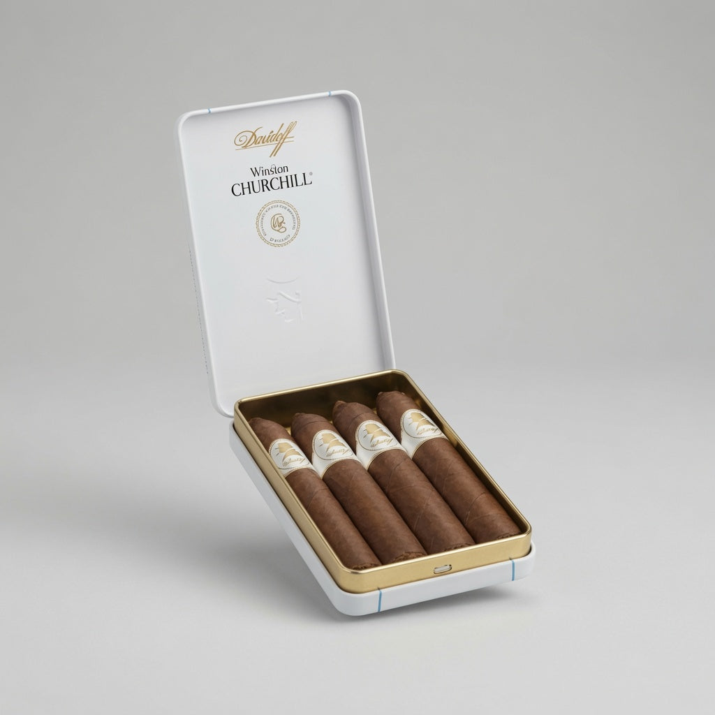 An open white cigar tin containing five brown cigars, photographed on a clean light gray studio background. The inside lid shows the visible brand text 'Doubtful' and 'Western Churchill'.
