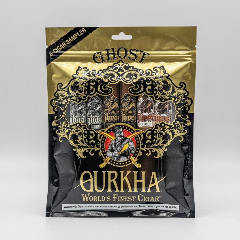 Gurkha Ghost cigar sampler packaging with gold and black design.