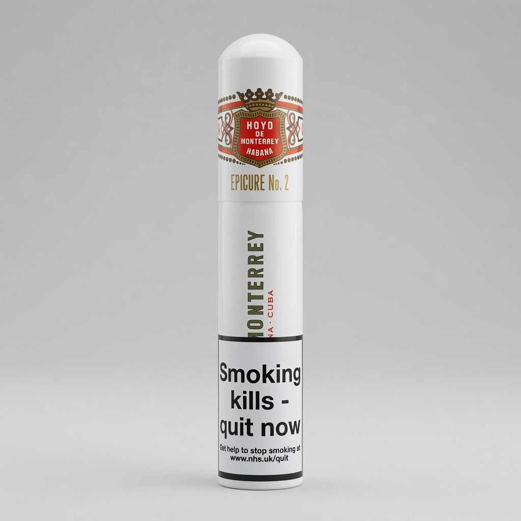 A white cylindrical CIGAR CASE labeled 'Hoyo Monterrey Reserva Epicure No. 2' with a prominent black warning label reading 'Smoking kills - quit now'.