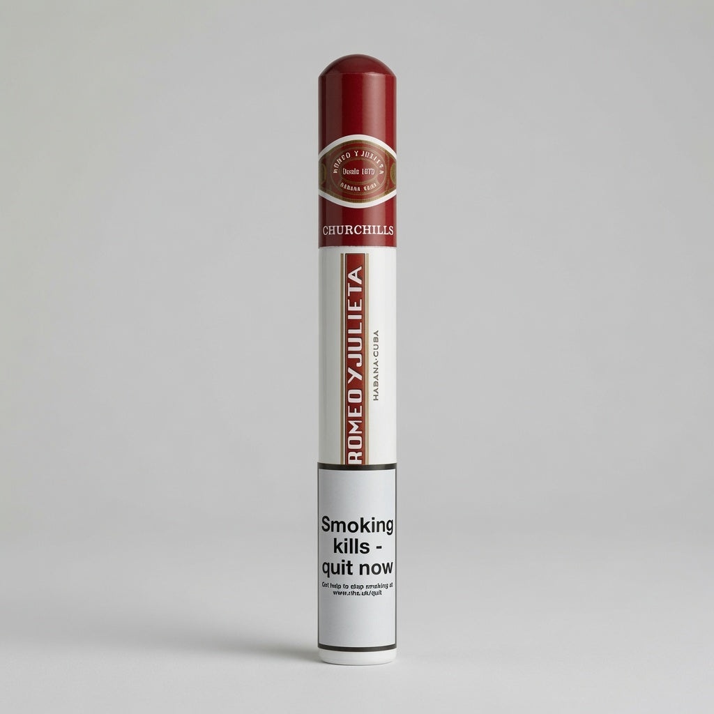 A single Romeo y Julliette Churchill cigar in its original packaging, standing upright against a neutral light gray background. The packaging features a deep red cap, a white body with vertical branding, and a prominent health warning label at the bottom.