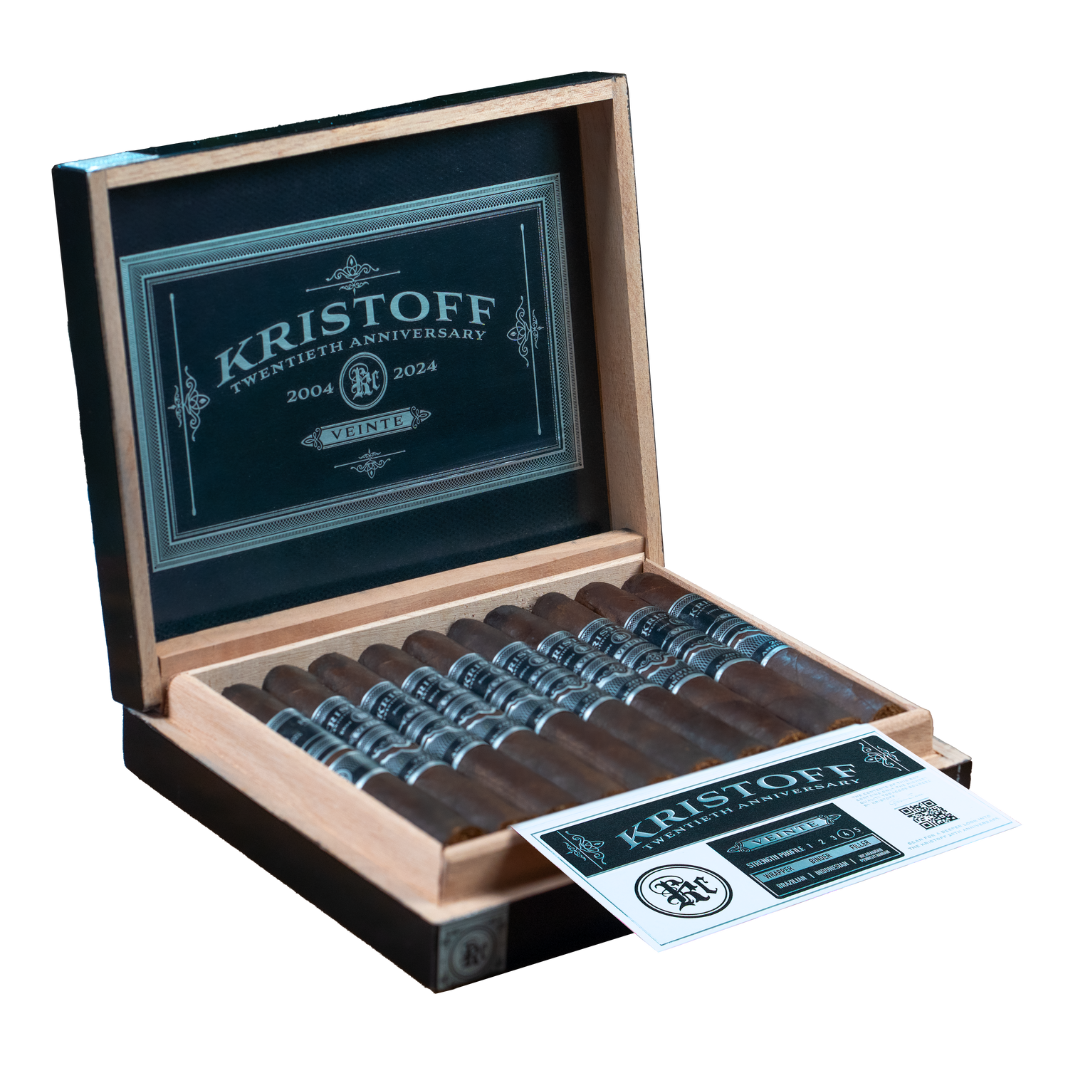 Open box of Kristoff cigars with cigars inside and a visible label on a white background
