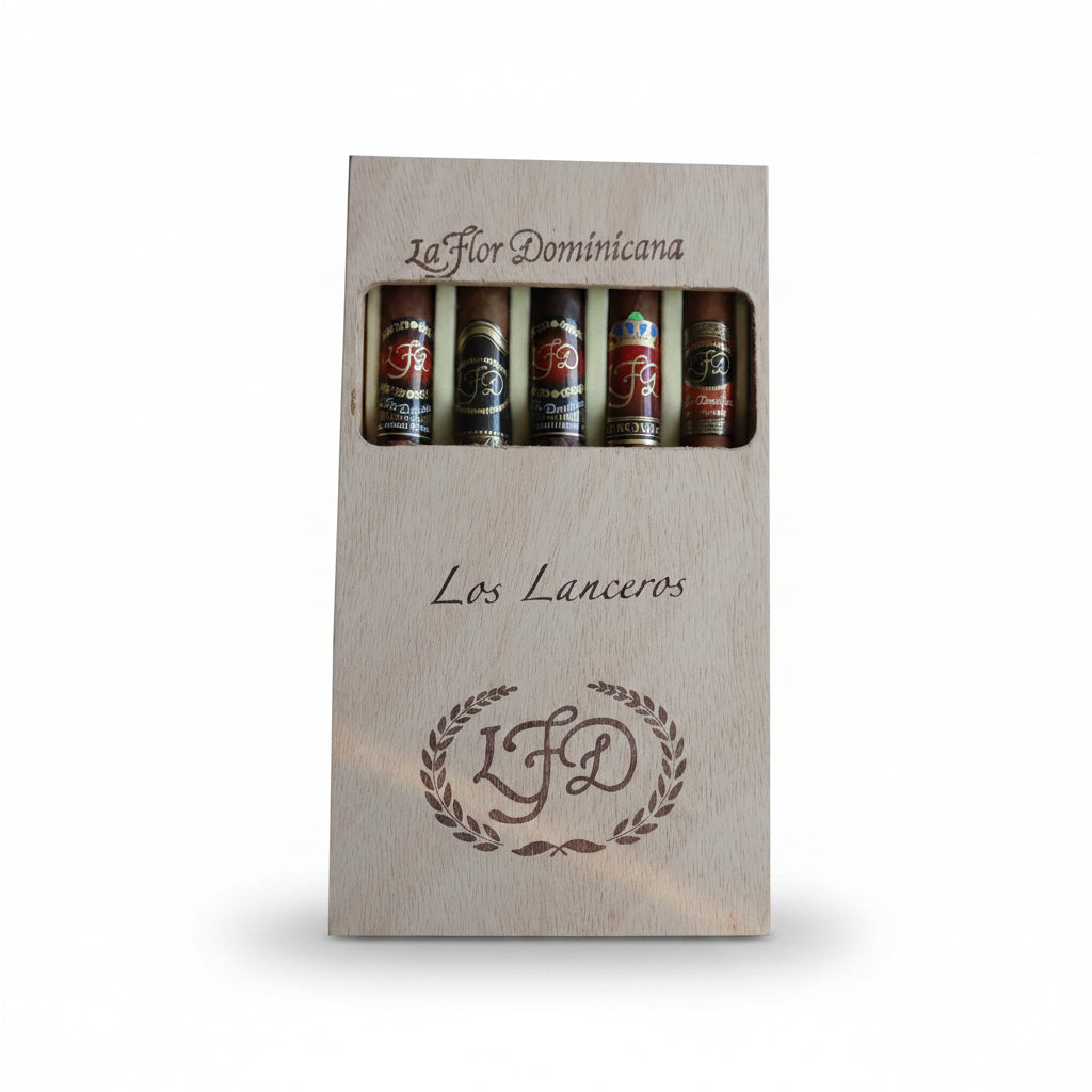 Pack of La Flor Dominicana Los Lanceros cigars in a wooden box on a white background