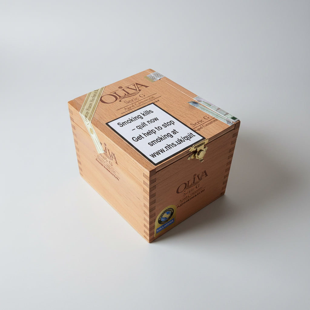 Wooden Oliva cigar box with a health warning label on a blue background