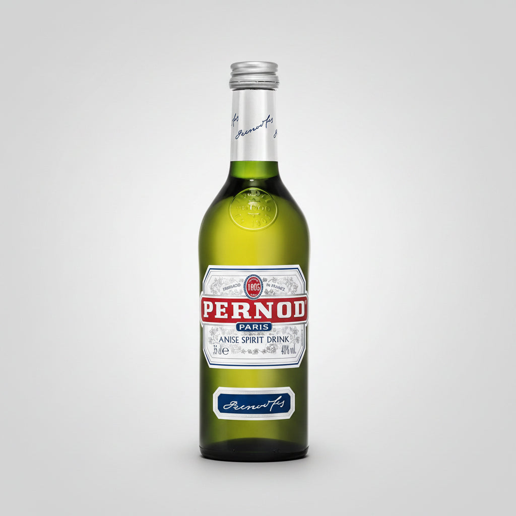 A bottle of Pernod Anise Spirit Drink 170ml, featuring a green glass bottle, a silver metal cap, and a white label with red and blue branding.