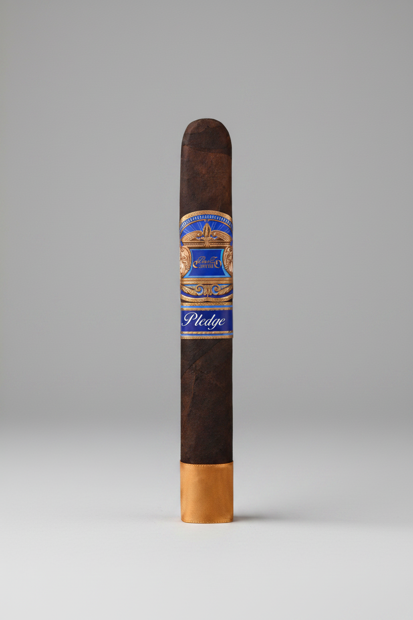 A single dark brown cigar with a blue, gold, and white band labeled 'Pledge' and a gold tip, isolated on a white background.