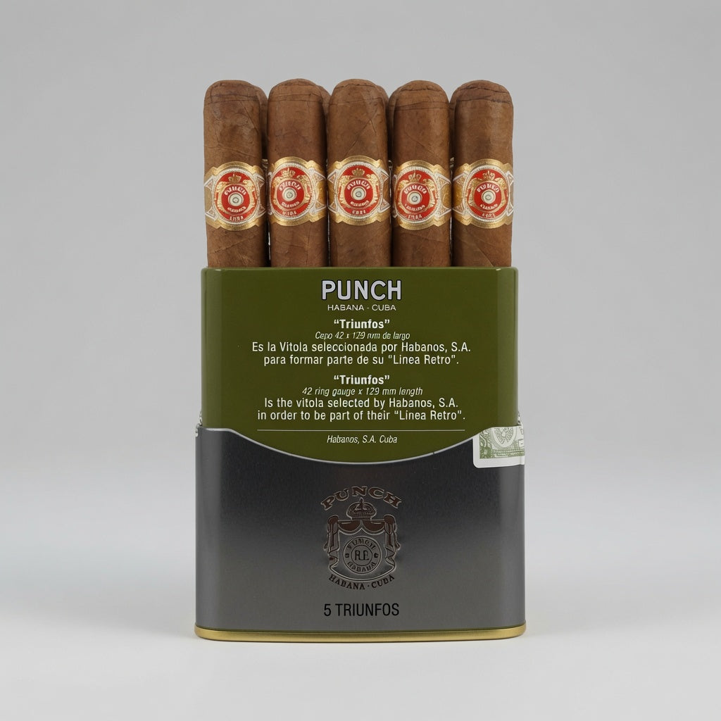 Five cigars in a branded display pack against a light gray studio background. The cigars are medium brown with gold and red bands, and the packaging is olive green and dark gray with gold trim.
