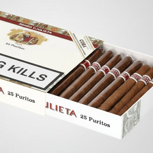 An open box of Romeo y Julieta 25 Puritos cigars, showing 25 brown cigars with red and white bands inside a white carton