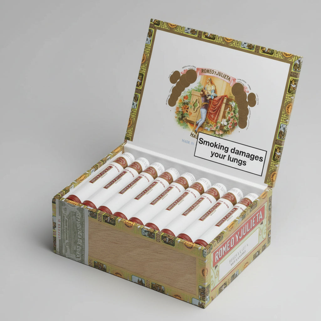Open box of Romeo y Julieta no.2 cigars with a warning label on a white background