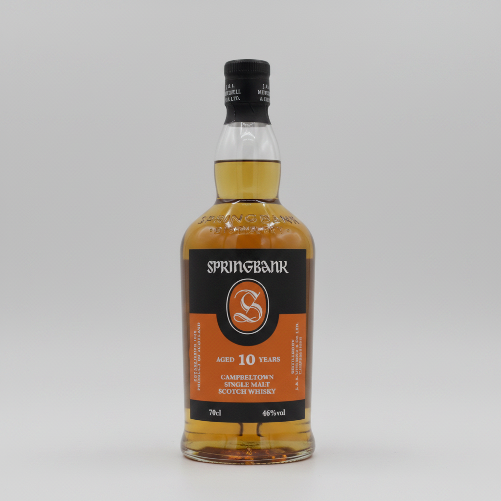 Springbank 10-year-old single malt Scotch whisky bottle on a white background
