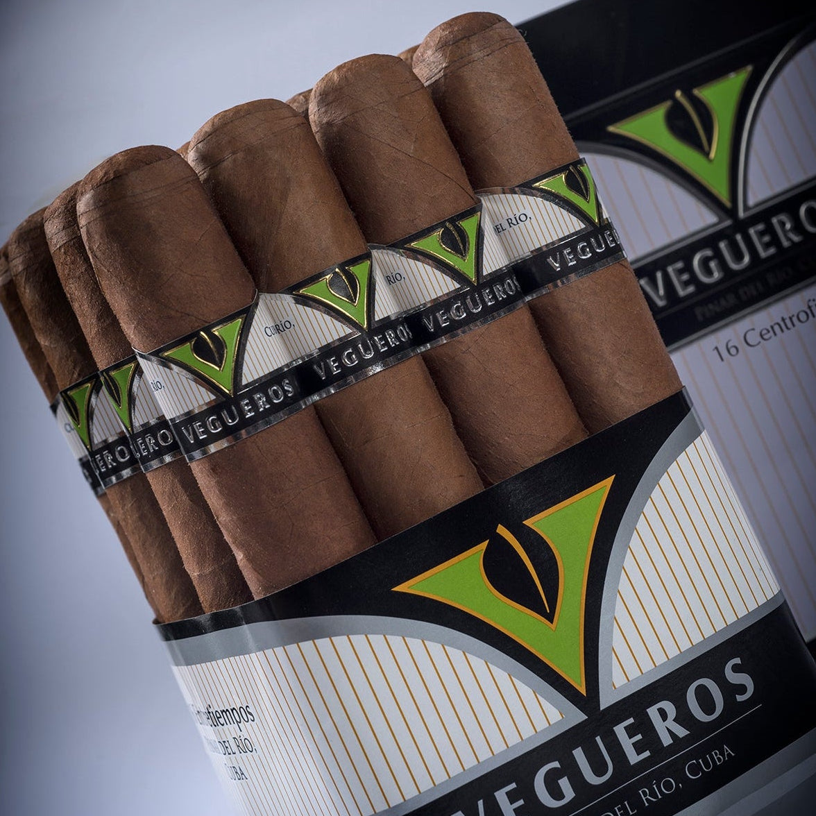 Pack of Vegueros cigars with a close-up view on a gray background