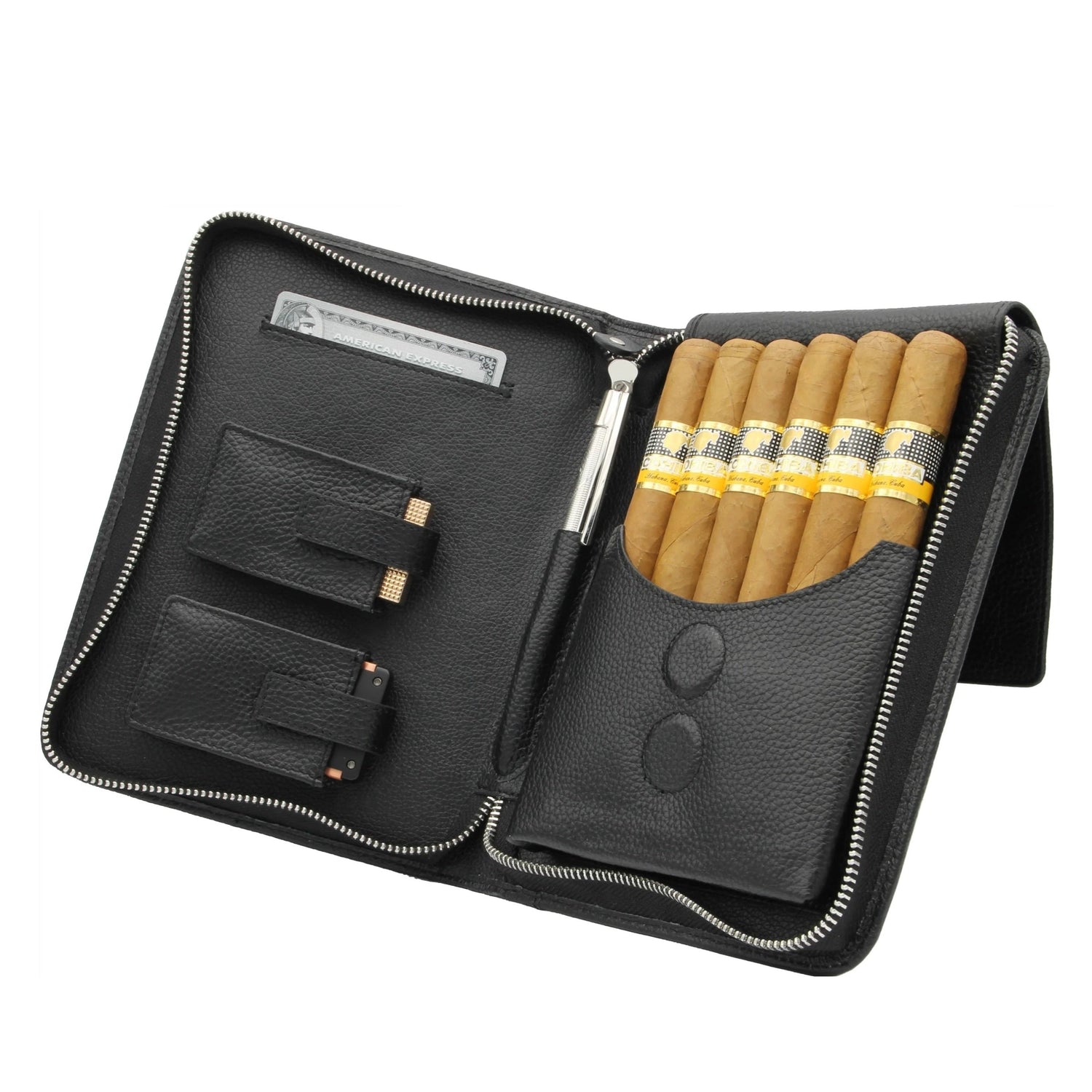 Black leather cigar case with cigars and accessories on a white background