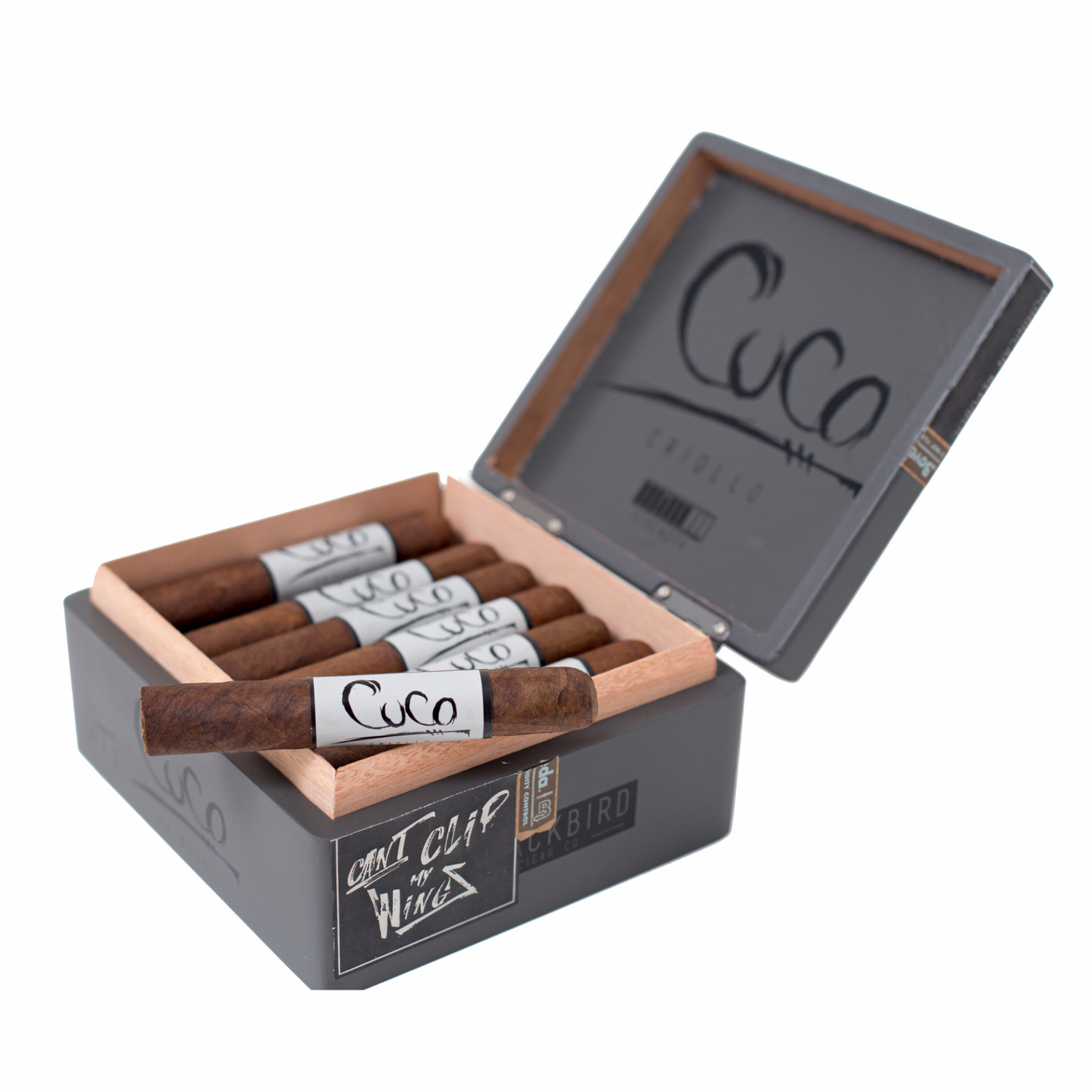 Open gray humidor with cigars and branded labels on a white background