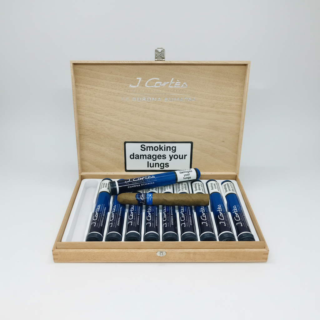 Wooden box of J. Cortes cigars with warning label on a white background