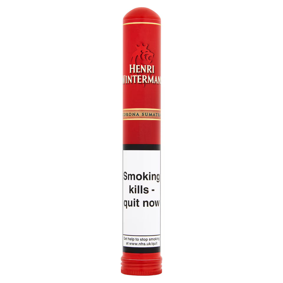 Red Henri Wintermans cigar tube pack with warning label on a white background