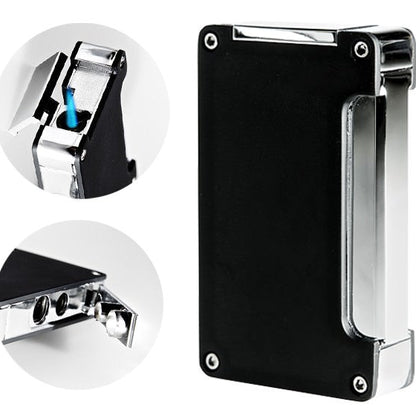 Metallic lighter with a black and silver design on a white background