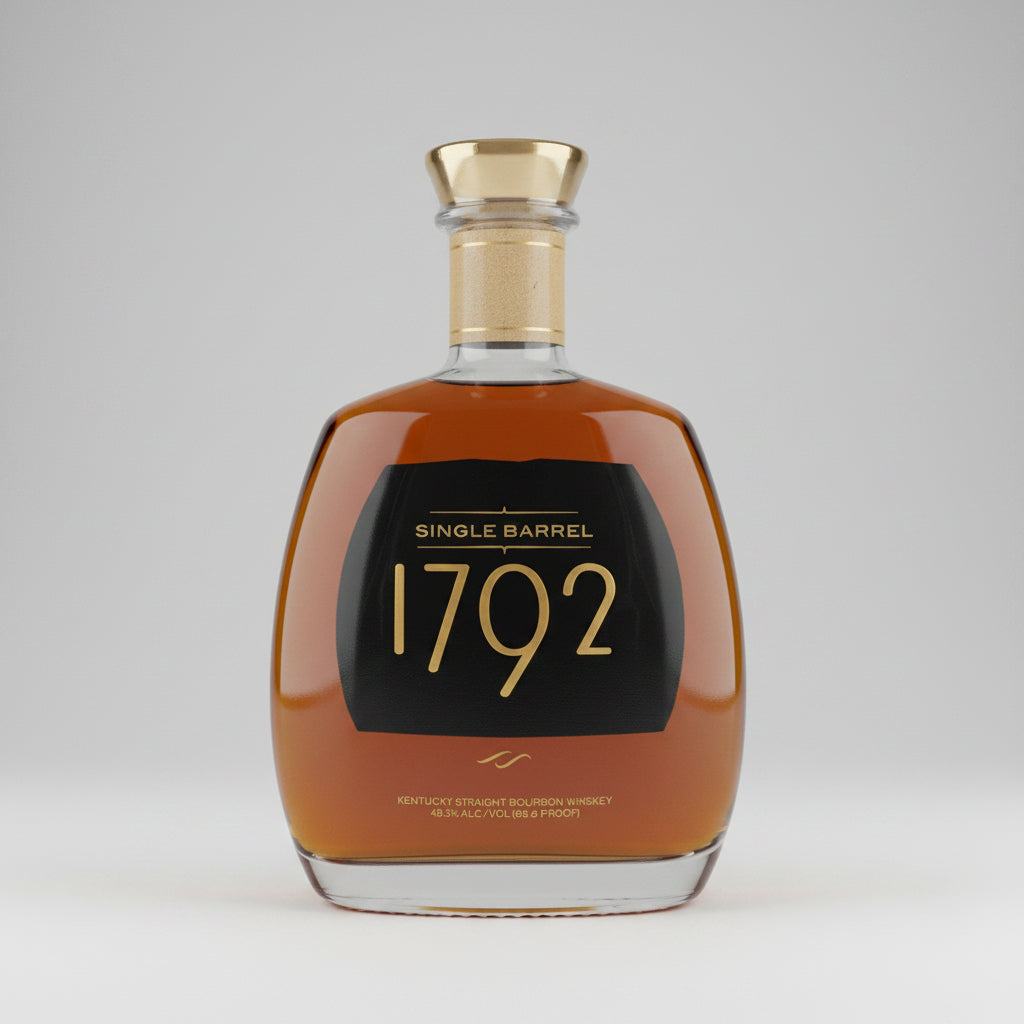 Single Barrel 1792 Kentucky Straight Bourbon Whiskey in a clear glass bottle with a gold cap and a black label featuring gold lettering.