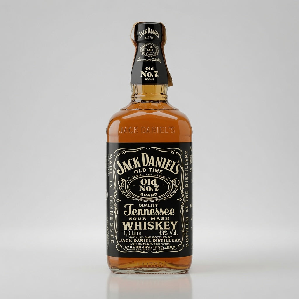 A 1-liter glass bottle of Jack Daniel's Old No. 7 Tennessee Whiskey, showing the amber liquid and black label against a light gray background.