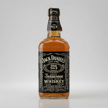 A 1-liter glass bottle of Jack Daniel's Old No. 7 Tennessee Whiskey, showing the amber liquid and black label against a light gray background.