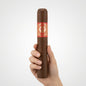 A hand holding a dark brown cigar with a red and gold band, set against a clean light gray background.