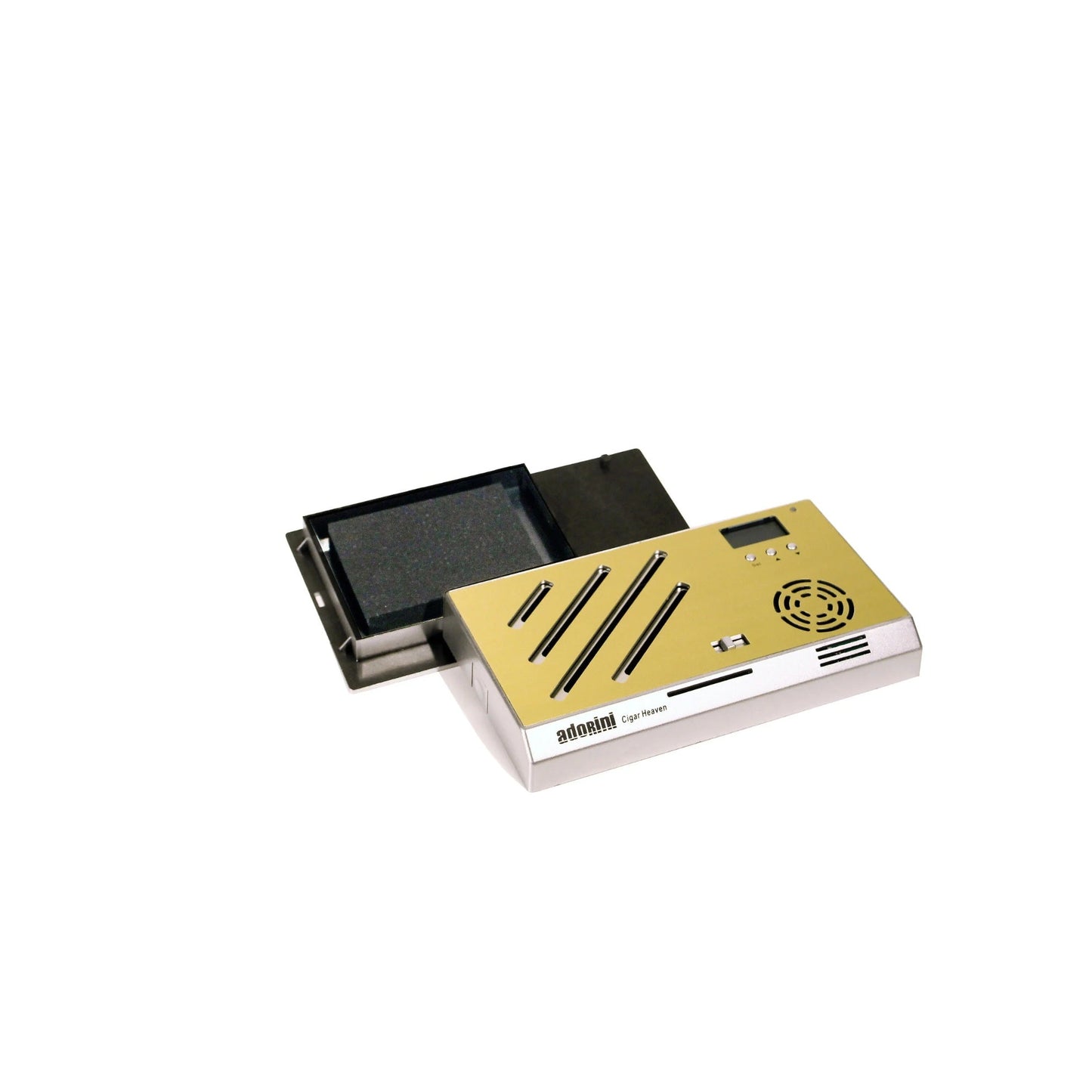 Small electronic device with a gold and black design on a white background