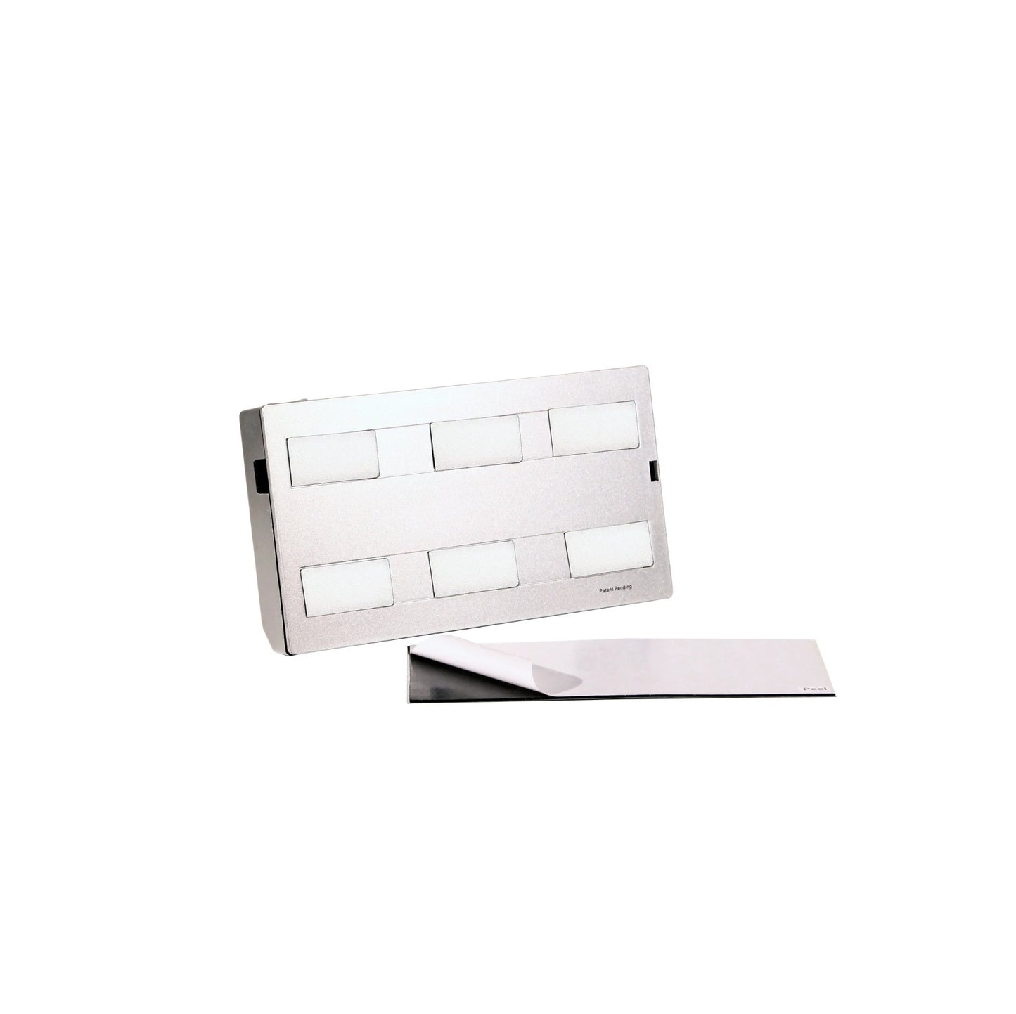 Rectangular backplate fixture with a metallic finish on a white background