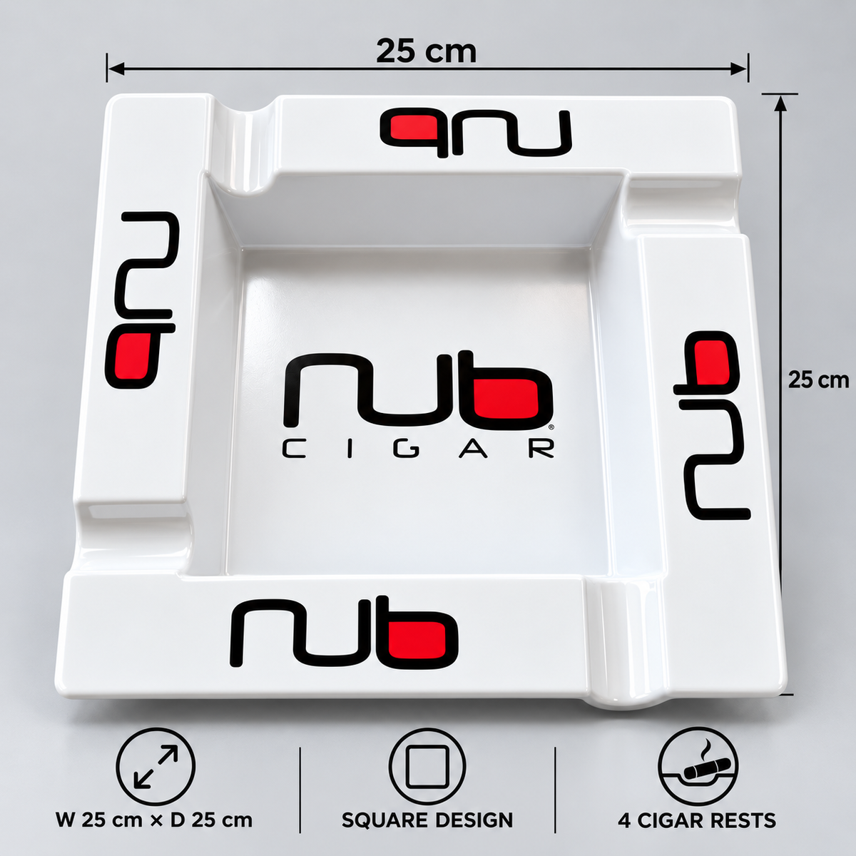 White square plastic cigar ashtray with black and red 'nub CIGAR' branding, shown with dimension annotations of 25 cm by 25 cm and icons indicating 4 cigar rests.