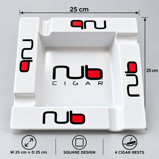 White square plastic cigar ashtray with black and red 'nub CIGAR' branding, shown with dimension annotations of 25 cm by 25 cm and icons indicating 4 cigar rests.