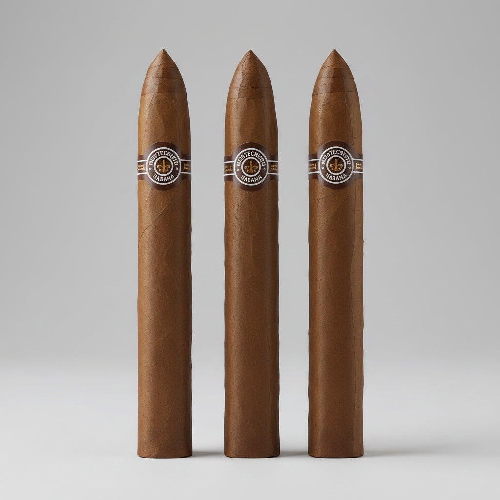A single brown cigar standing upright on a light gray studio background, featuring a silver and black band with a circular logo near the top.