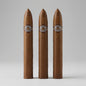 A single brown cigar standing upright on a light gray studio background, featuring a silver and black band with a circular logo near the top.