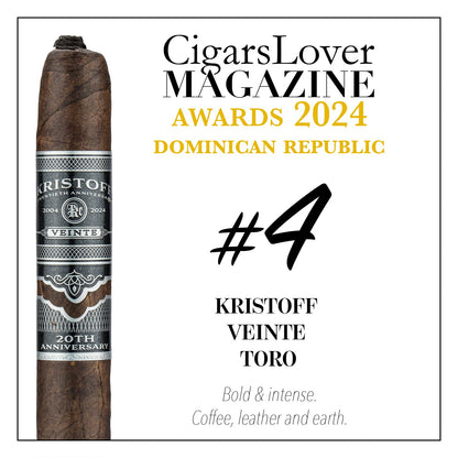 Cigar with Kristoff Veinte Toro label on a white background, featuring text about CigarsLover Magazine Awards 2024.