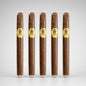 Five Trinidad cigars in clear plastic wrappers with gold bands, arranged in a row against a light gray gradient background.