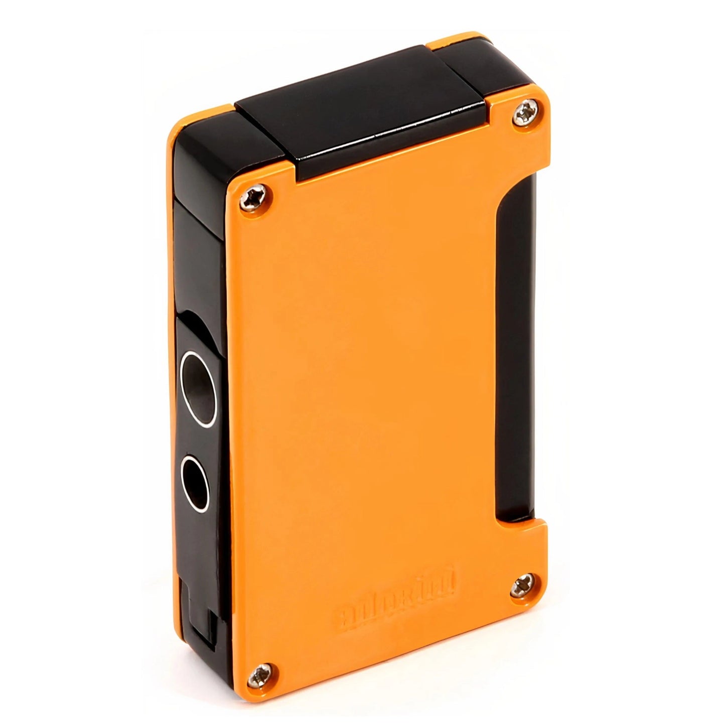 Orange and black rectangular lighter with visible branding on a white background