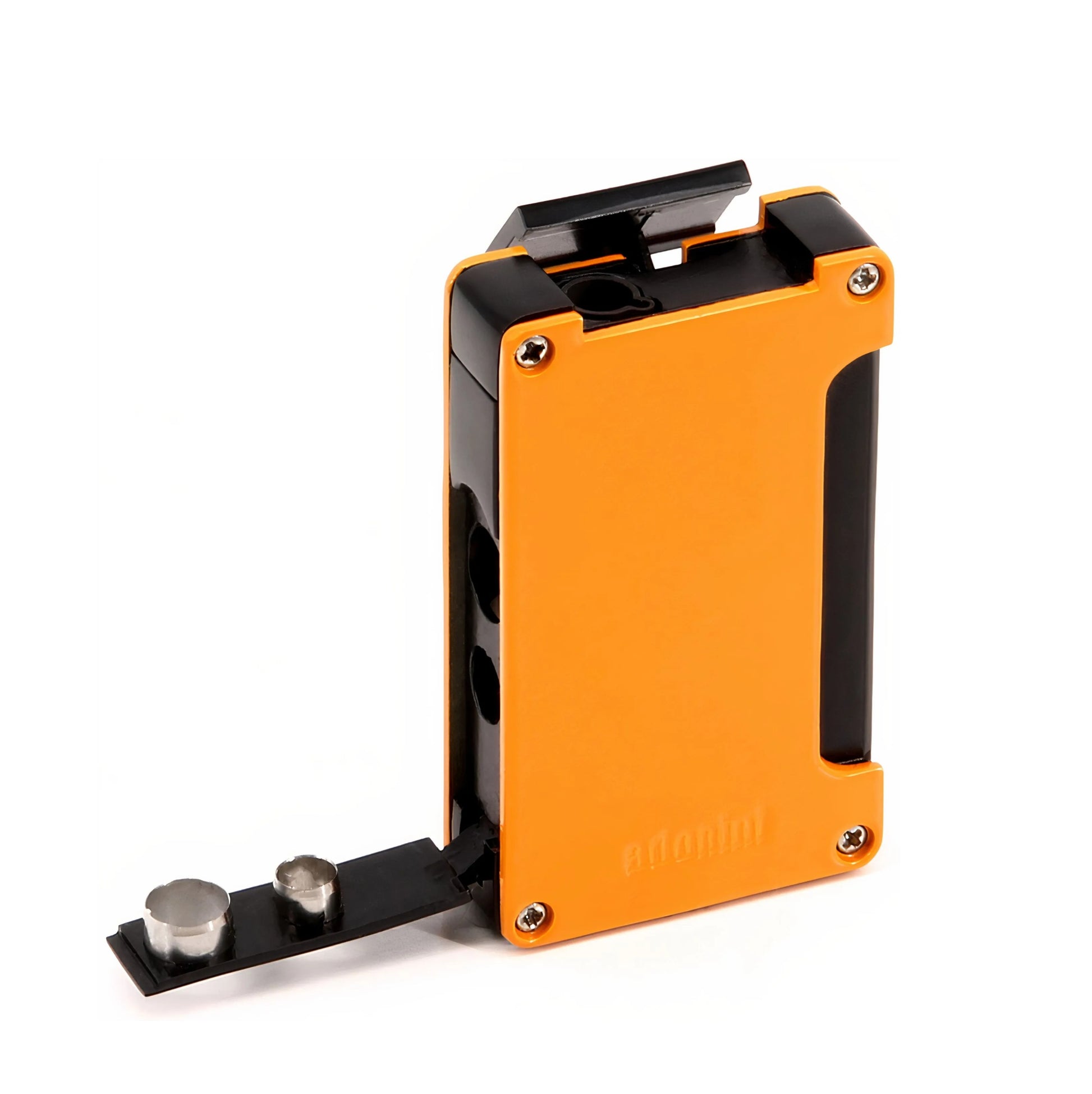 Orange and black metal lighter with cigar cutter on a white background