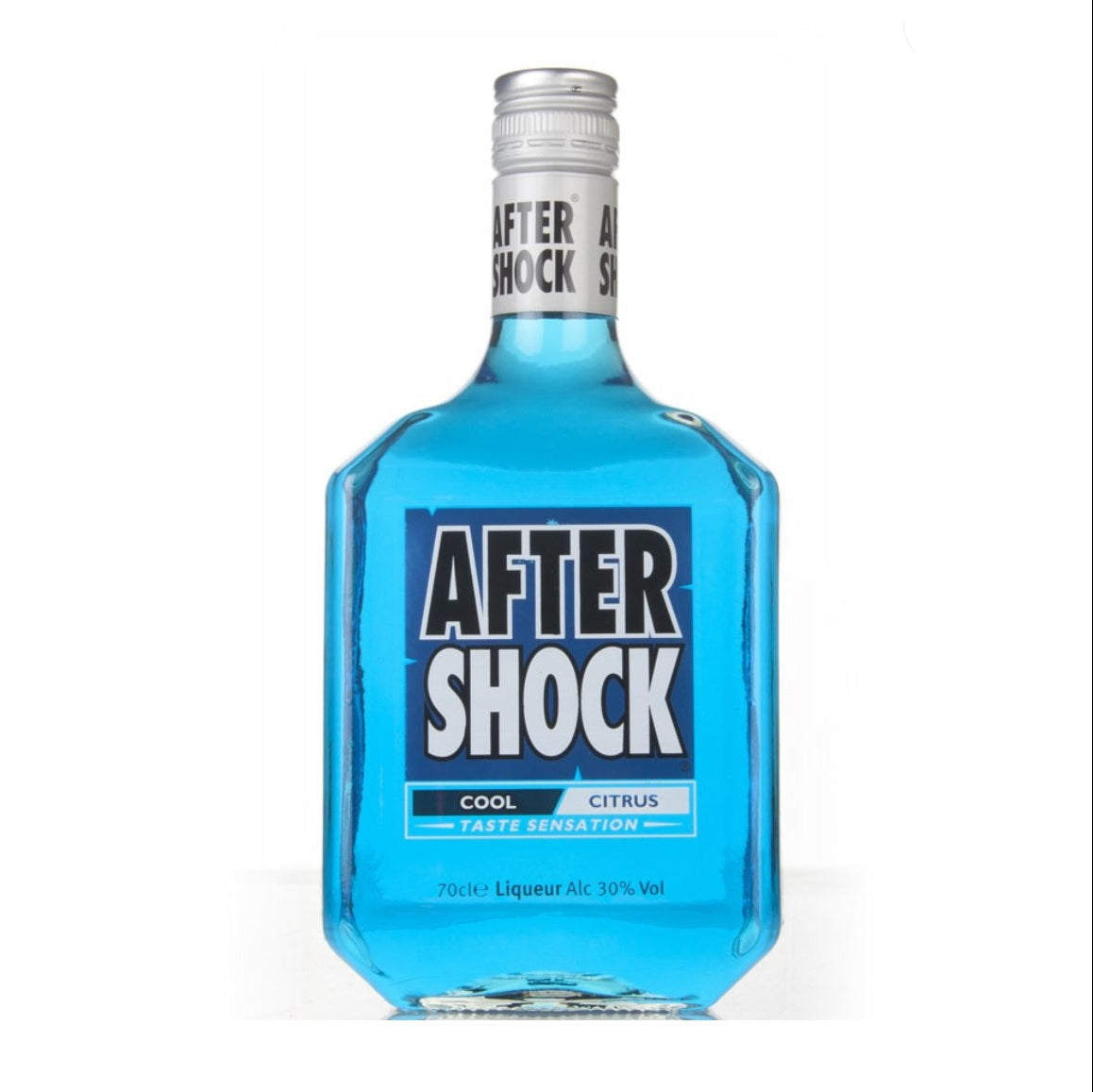 Blue bottle of After Shock liquor on a white background