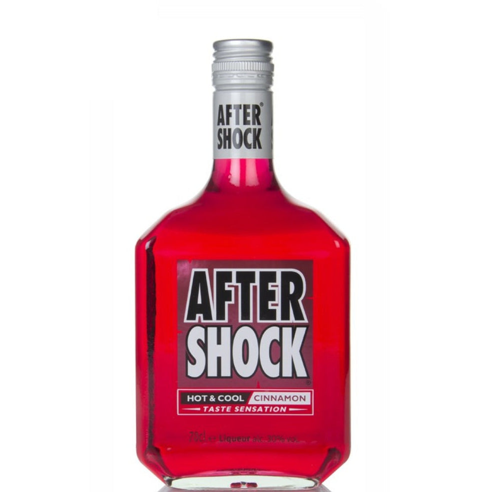 Bottle of After Shock cinnamon liqueur on a white background