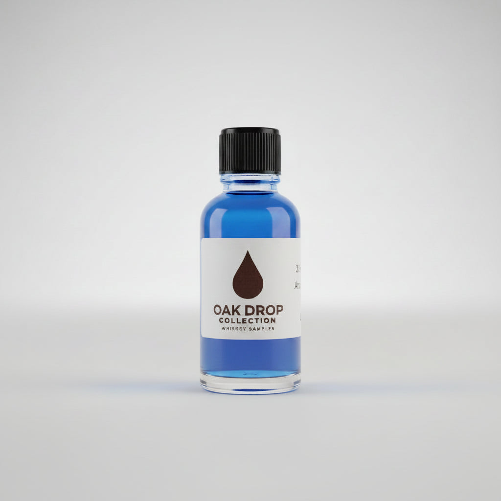 Bottle of Oak Drop Collection whiskey sampler on a bar counter with a blurred bar background
