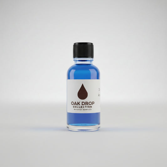 Bottle of Oak Drop Collection whiskey sampler on a bar counter with a blurred bar background