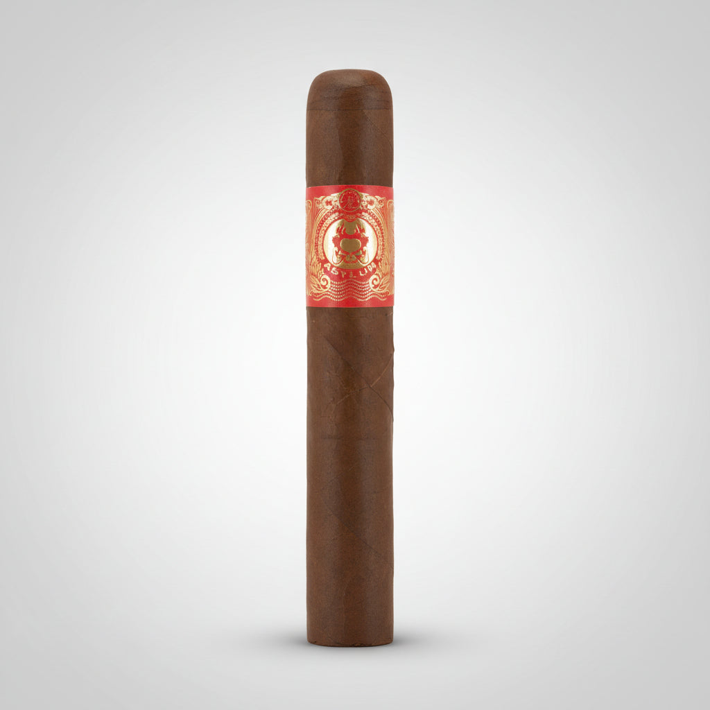 A single dark brown cigar with a prominent red and gold paper band featuring a central emblem, shown against a plain white background.