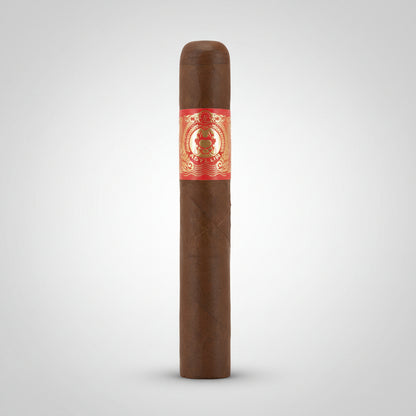 A single dark brown cigar with a prominent red and gold paper band featuring a central emblem, shown against a plain white background.
