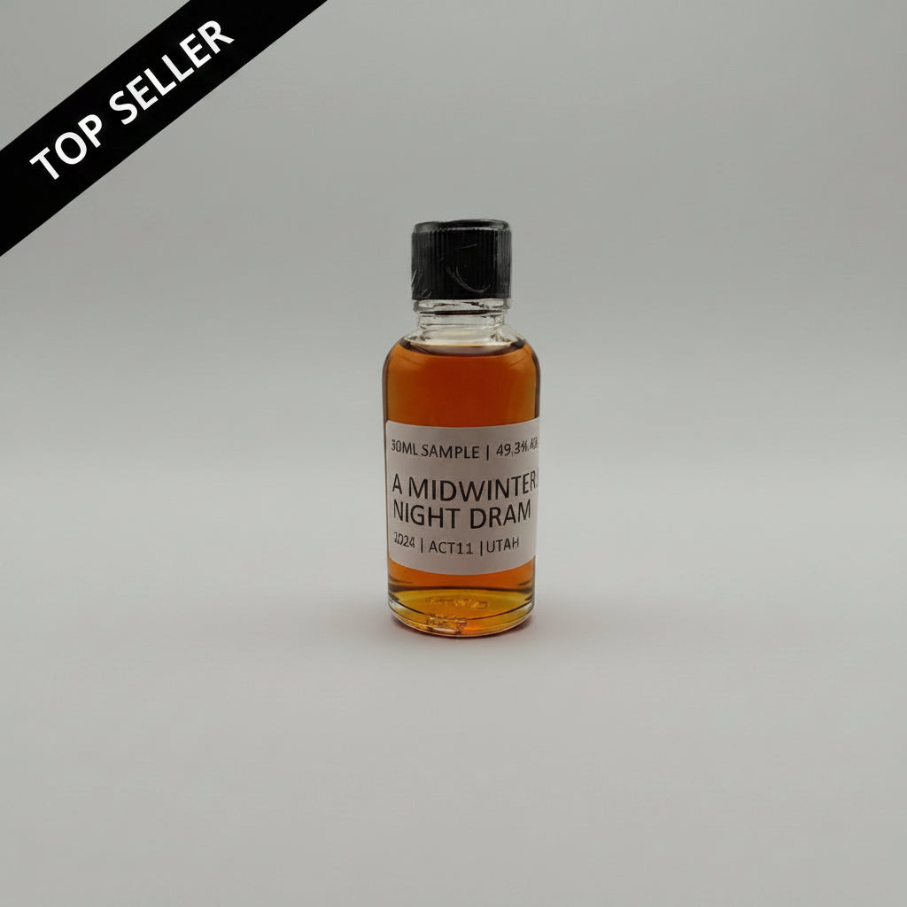 Small bottle of 'A Midwinter Night Dram' on a white surface.
