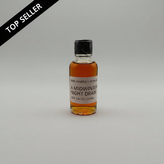 Small bottle of 'A Midwinter Night Dram' on a white surface.