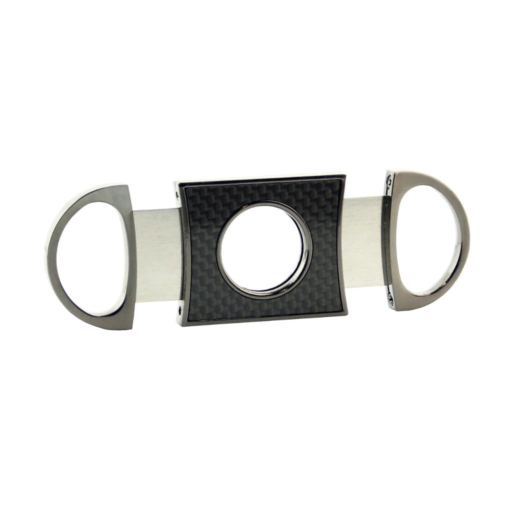Cigar cutter with carbon fiber design on a white background