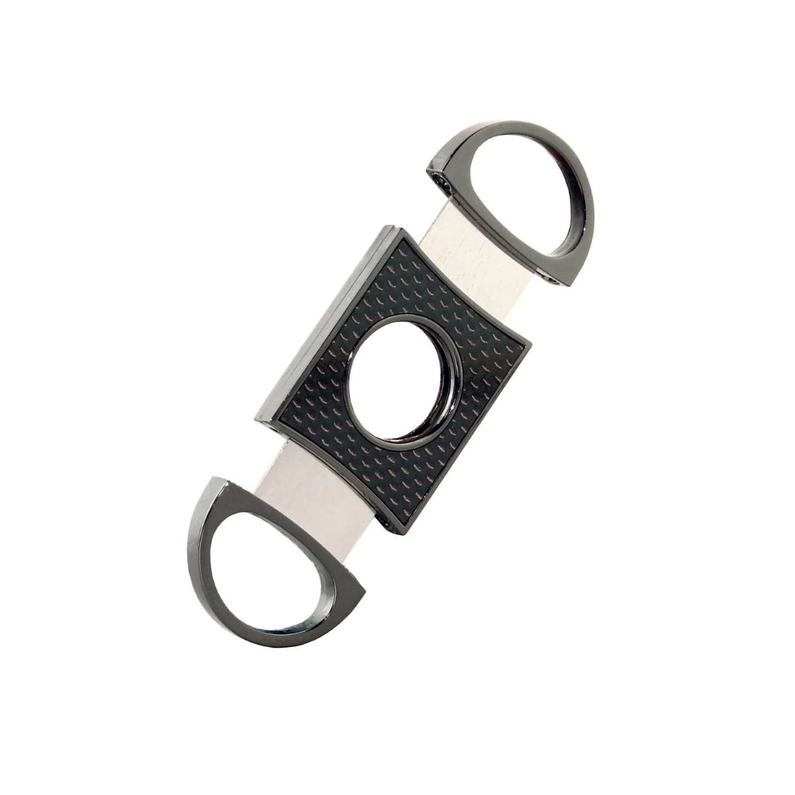 Cigar cutter with black and silver design on a white background