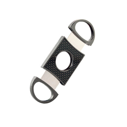 Cigar cutter with black and silver design on a white background
